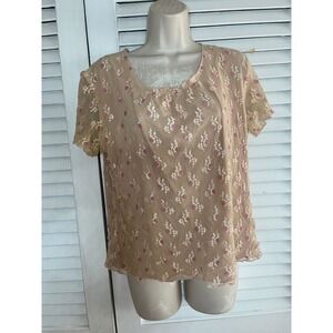 Vtg Y2K NOTATIONS CLOTHING CO Sheer Lined Lace Overlay  Beaded Pink Roses Tan  L